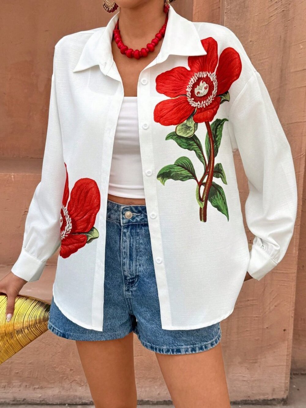 White Boho Women's Relaxed Fit Elegant floral Printed Collar button down Blouse - Picture 4 of 6